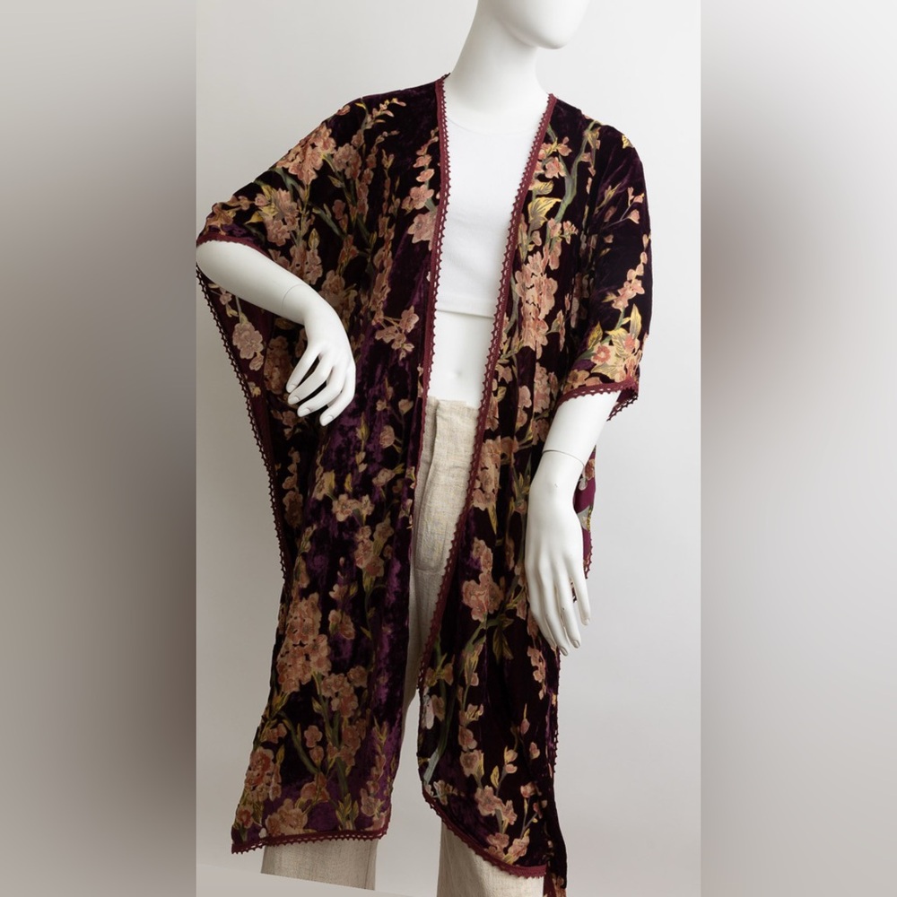 Floral Velvet Kimono burn out velvet Ruana Cardigan layer‎ over anything OS